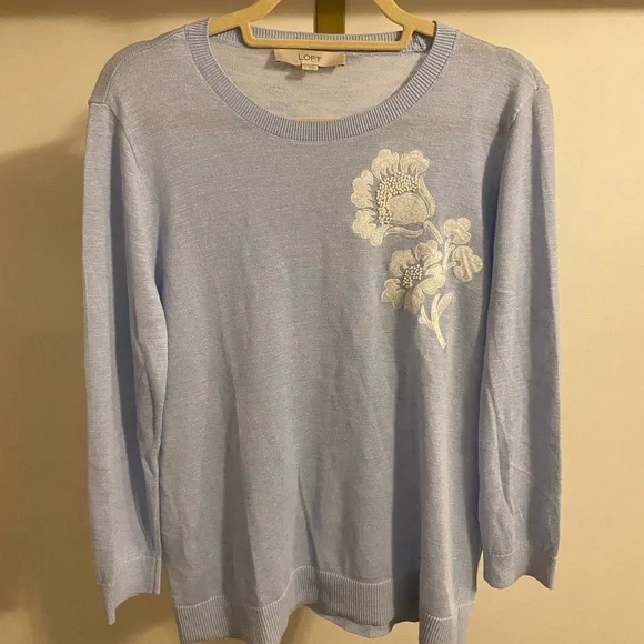 LOFT Light Blue Sweater with White Floral Detail - Picture 2 of 6